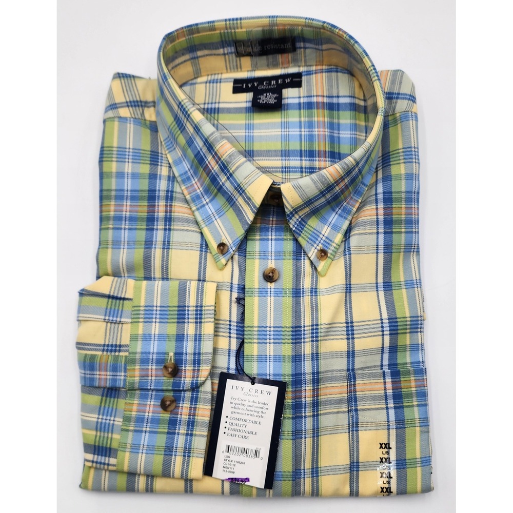 Ivy Crew Button Down Shirt Mens XXL Yellow Blue Plaid NOS Wrinkle Resistant  2XL